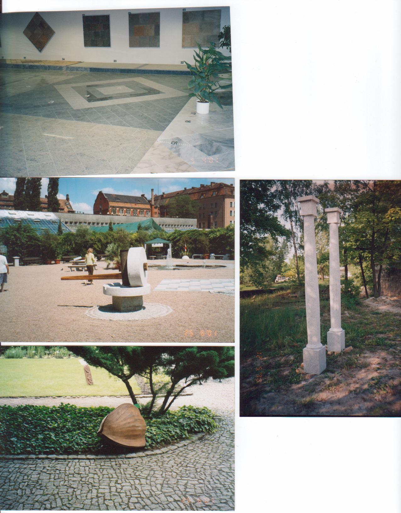 Kompozycja z różnych elementów: ekspozycja wewnętrzna z próbkami okładzin ściennych i podłogowych, parkowa instalacja z kamienia młyńskiego, para kamiennych kolumn oraz brukowana ścieżka z ozdobną...